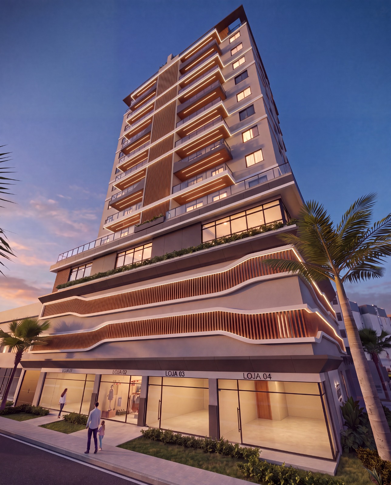 Fachada do Brisa Residence ao anoitecer
